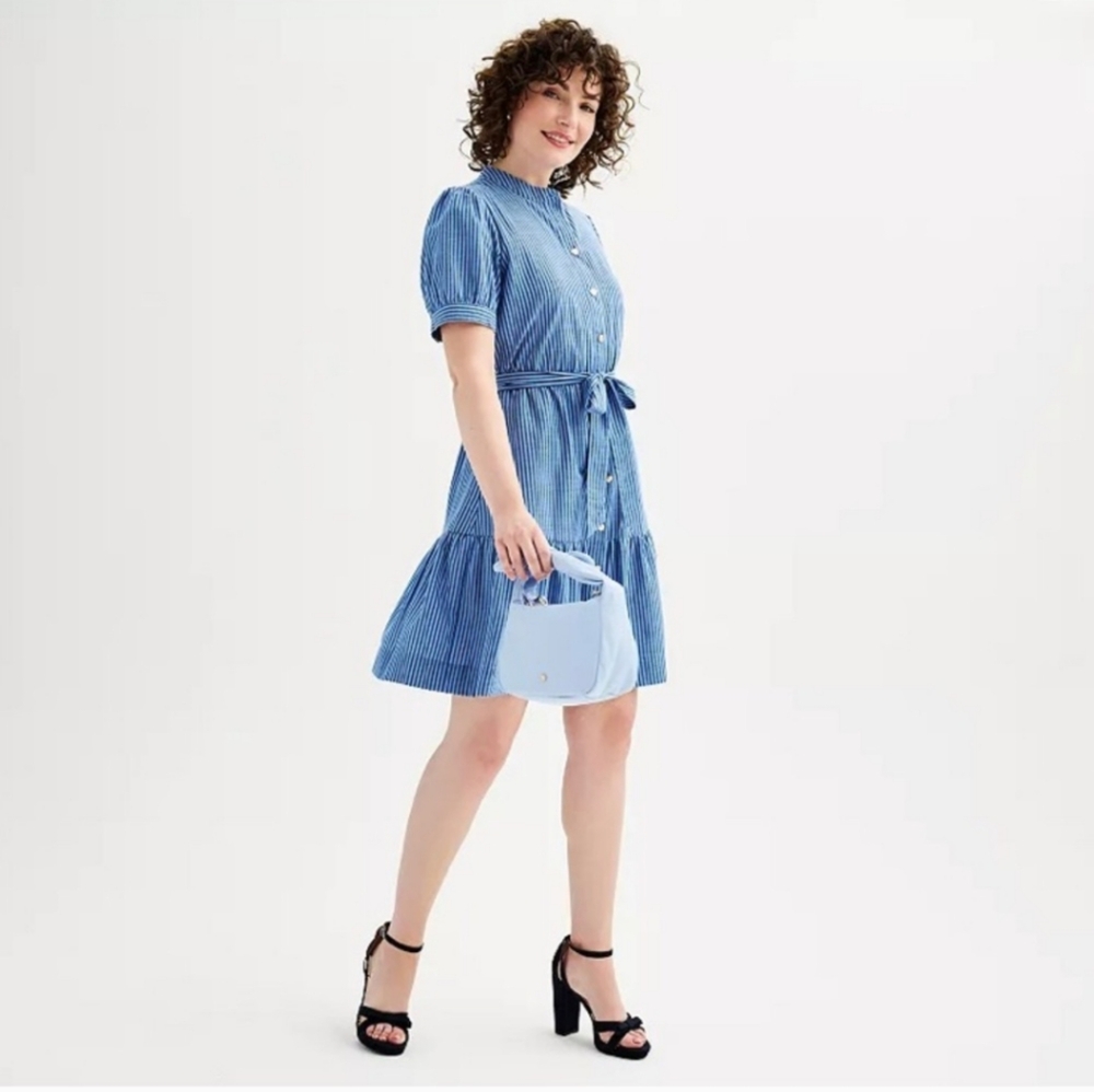 Draper James Blue Striped Button-Front Tiered Dress